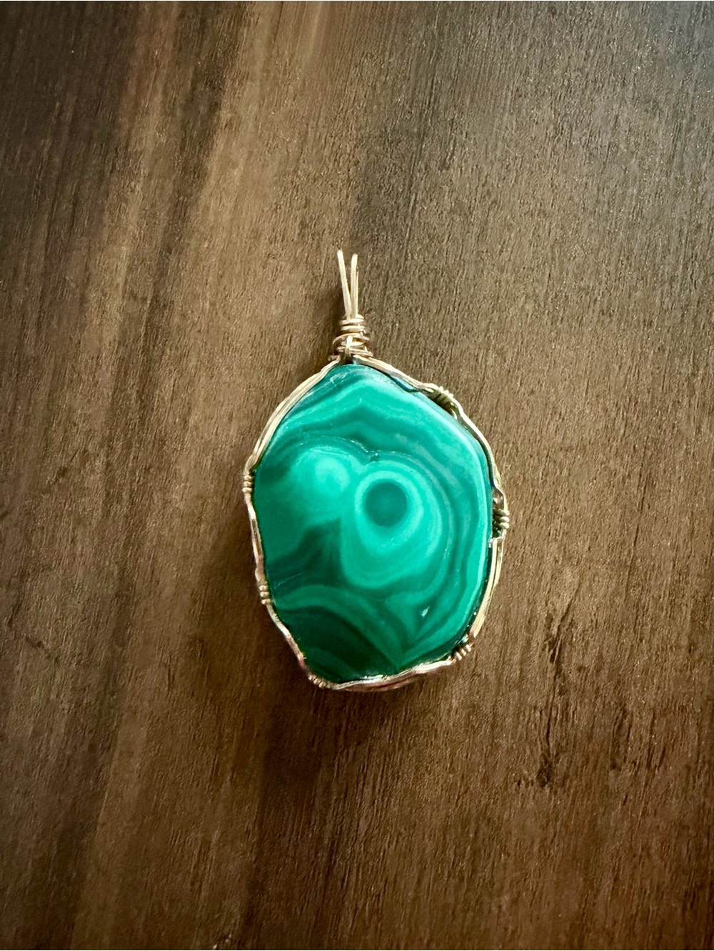 Smooth Malachite Bullseye Wire Wrapped Gemstone Pendant